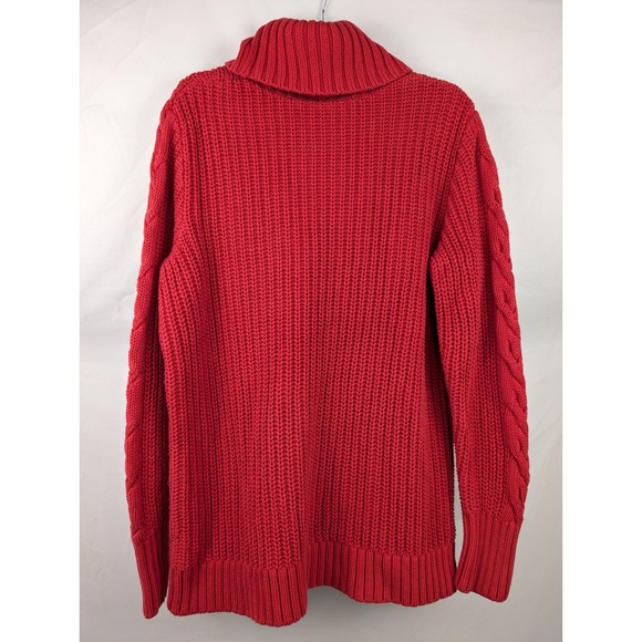 Heavy Cotton Red Cable Knit Chunky Turtleneck Sweater XL Cottagecore Fisherman - Picture 6 of 10